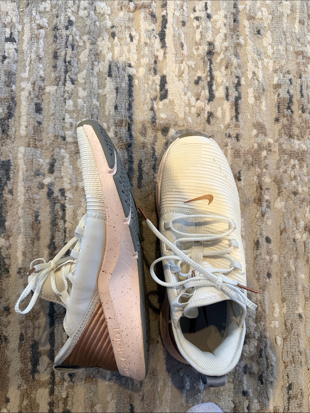 Women's NIke Lightweight Lace-Up Athletic Sneakers in Cream & peachy/rose Gold